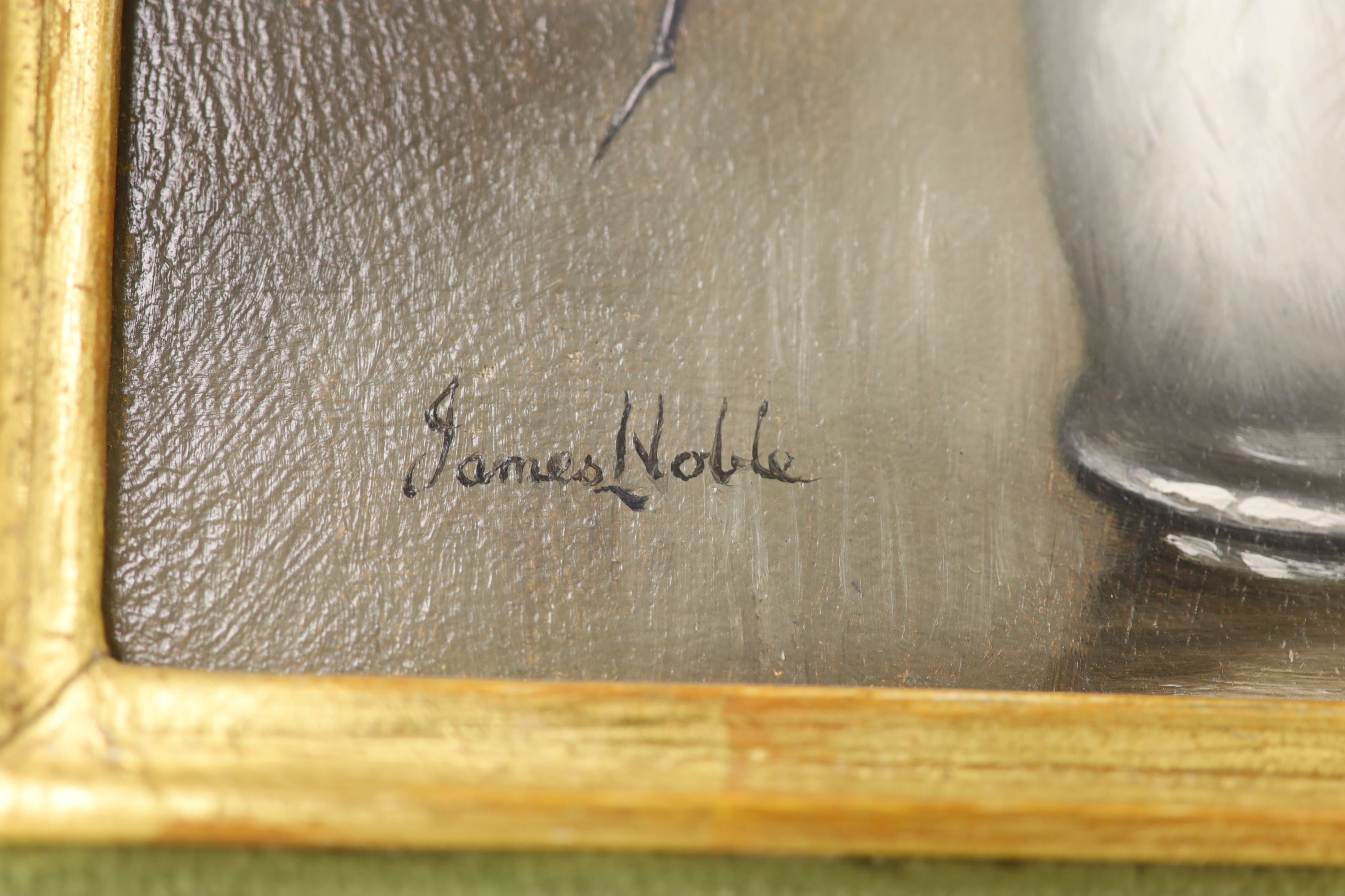 James Noble (1919-1989), oil on panel, 'Christmas Roses, Winter Jasmine and Pyracantha Berries', signed, carved gilt frame with velvet slip, 17.5 x 12cm